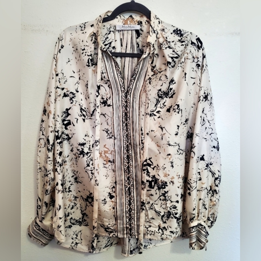 MaxMara Women's Black and Cream Silk Blouse